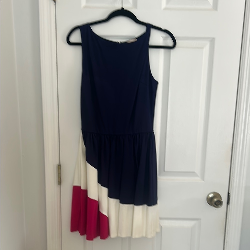 Blue and White Pleated Sleeveless A-Line Midi Dress